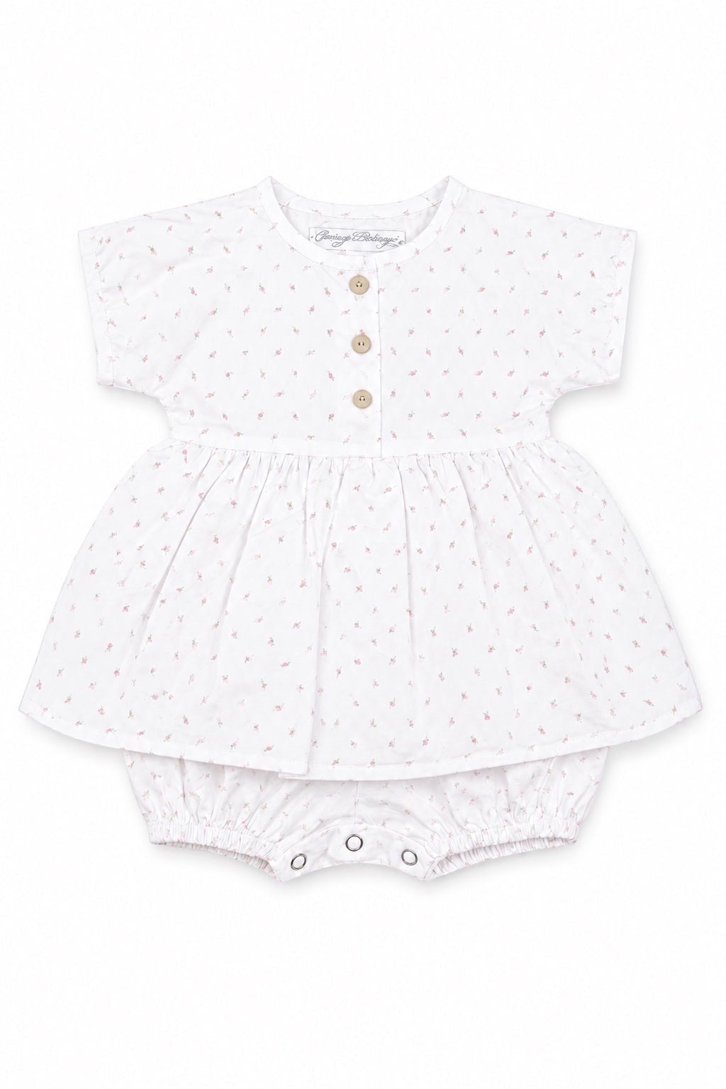 Carriage Boutique white baby girl dress with pink rosebud print, wooden buttons, and attached bubble bloomers.