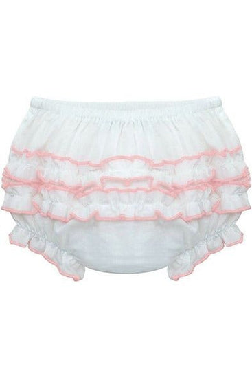 Carriage Boutique baby girl white cotton diaper cover with delicate pink ruffled trim and elastic waistband.
