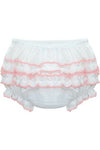 Carriage Boutique baby girl white cotton diaper cover with delicate pink ruffled trim and elastic waistband.