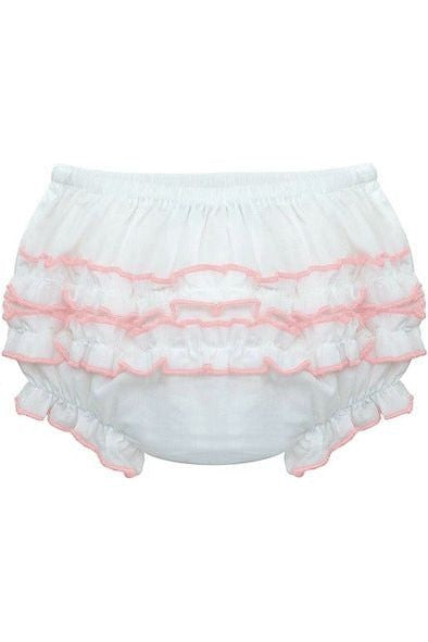 Carriage Boutique baby girl white cotton diaper cover with delicate pink ruffled trim and elastic waistband.