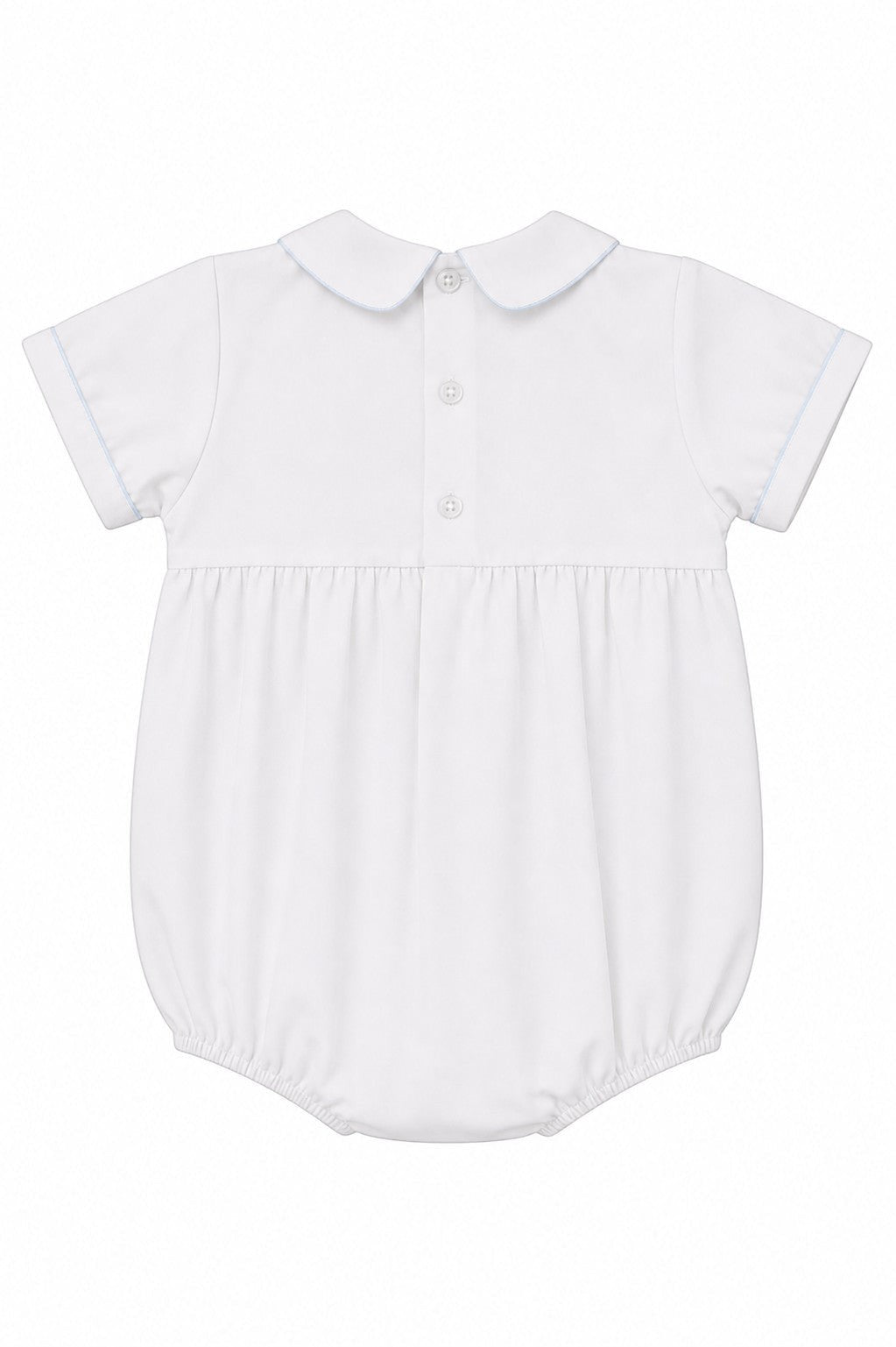 Carriage Boutique white bubble romper with Peter Pan collar, blue piping, and smocked sailboat detail. Short sleeves.