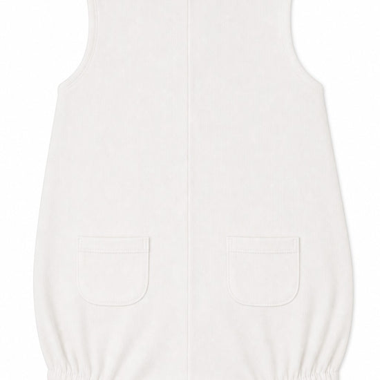 Carriage Boutique white sleeveless sailboat smocked bubble with two front pockets and button closures.