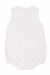 Carriage Boutique white sleeveless sailboat smocked bubble with two front pockets and button closures.