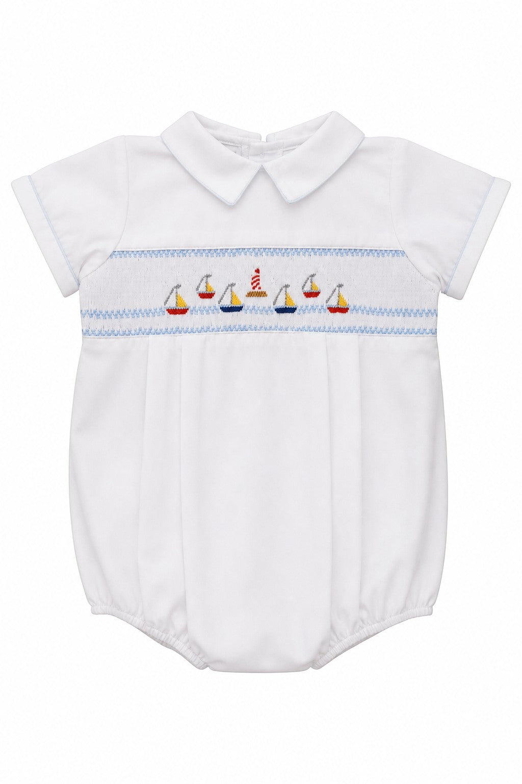 Carriage Boutique white bubble romper with smocked chest featuring sailboats and lighthouse, Peter Pan collar, blue piping.