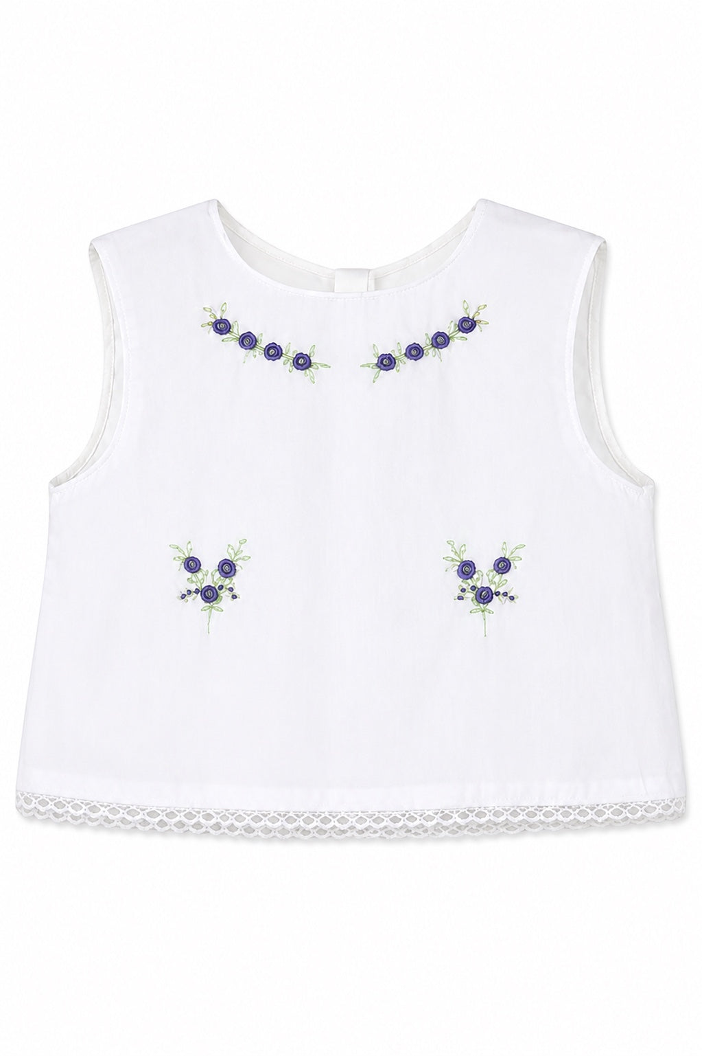 Carriage Boutique sleeveless white cotton baby top with lilac flower bullion embroidery and lace hem detail