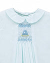 Carriage Boutique baby blue heirloom dress with Peter Pan collar, hand-smocked chest, and embroidered motif detail.