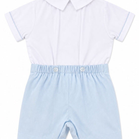 Carriage Boutique infant bobby suit with white collared shirt and light blue shorts for special occasions.