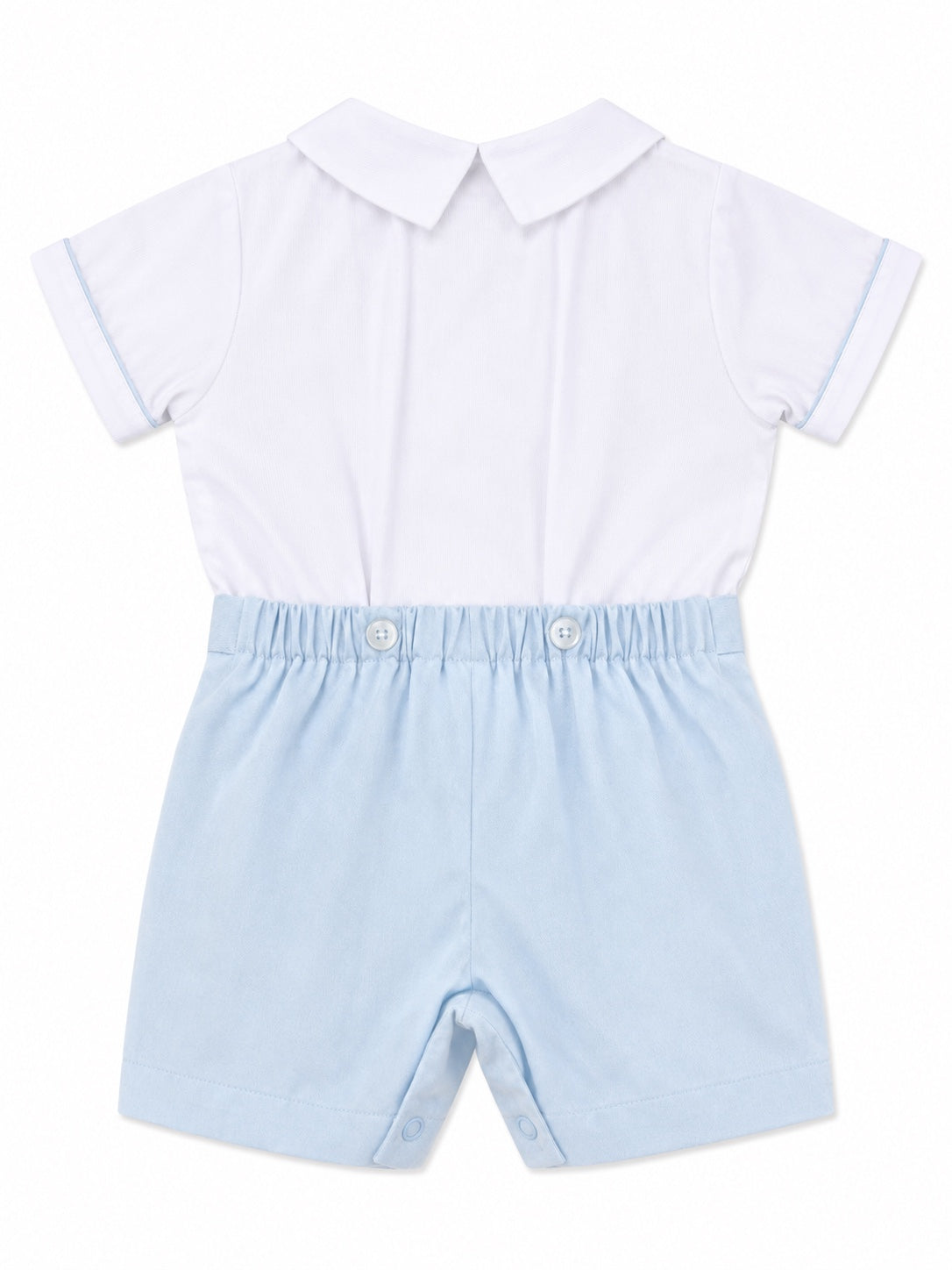 Carriage Boutique infant bobby suit with white collared shirt and light blue shorts for special occasions.