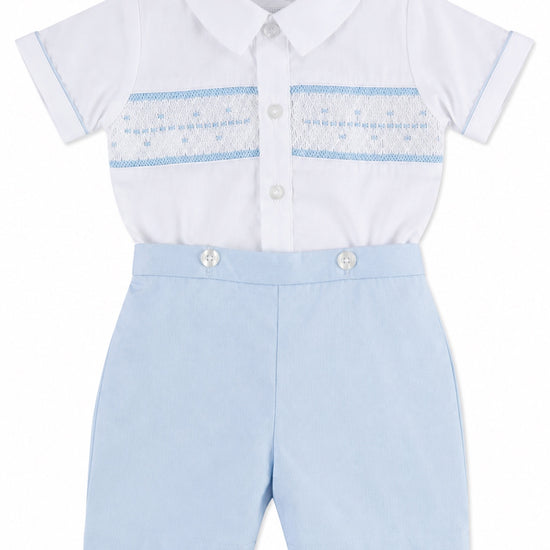 Carriage Boutique infant boy bobby suit with a white smocked shirt and light blue shorts for special occasions.