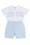 Carriage Boutique infant boy bobby suit with a white smocked shirt and light blue shorts for special occasions.