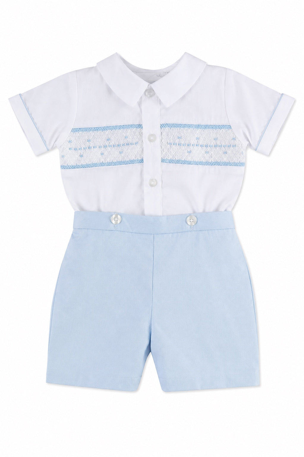 Carriage Boutique infant boy bobby suit with a white smocked shirt and light blue shorts for special occasions.