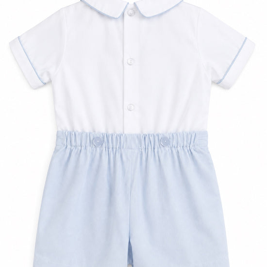 Carriage Boutique baby bobby suit with white short-sleeve top, blue pinstripe shorts, and peter pan collar
