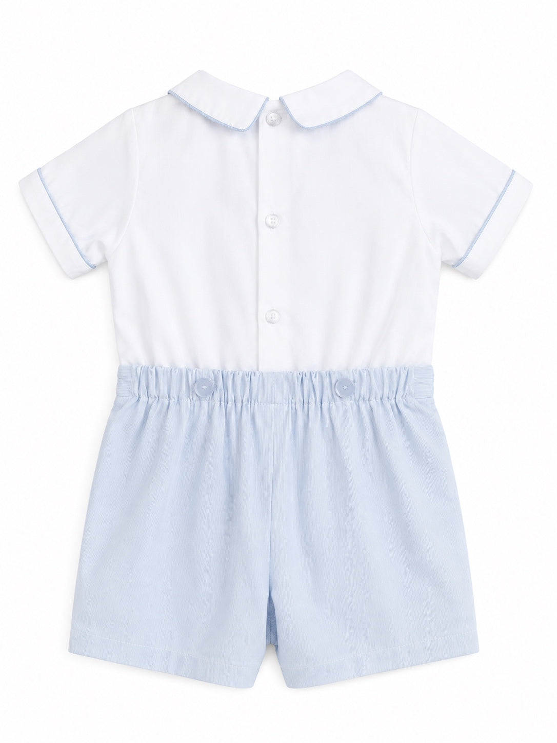Carriage Boutique baby bobby suit with white short-sleeve top, blue pinstripe shorts, and peter pan collar