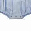 Carriage Boutique light blue smocked bubble romper with Peter Pan collar and train motif. Short sleeves, button back.