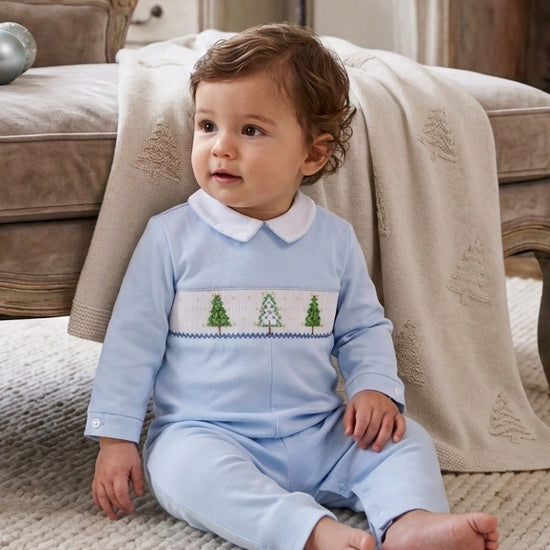 Carriage Boutique baby boy light blue cotton longall with smocked Christmas tree embroidery and white collar