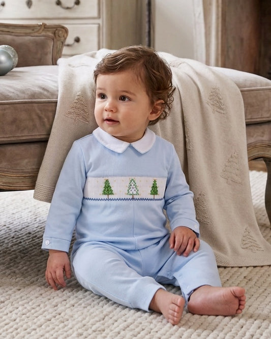 Carriage Boutique baby boy light blue cotton longall with smocked Christmas tree embroidery and white collar