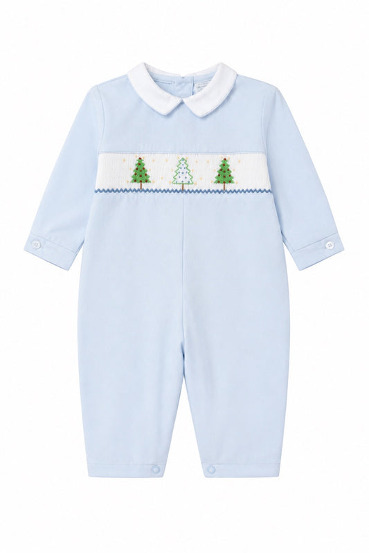 Carriage Boutique baby boy longall in light blue cotton with a smocked chest panel featuring Christmas tree embroidery.