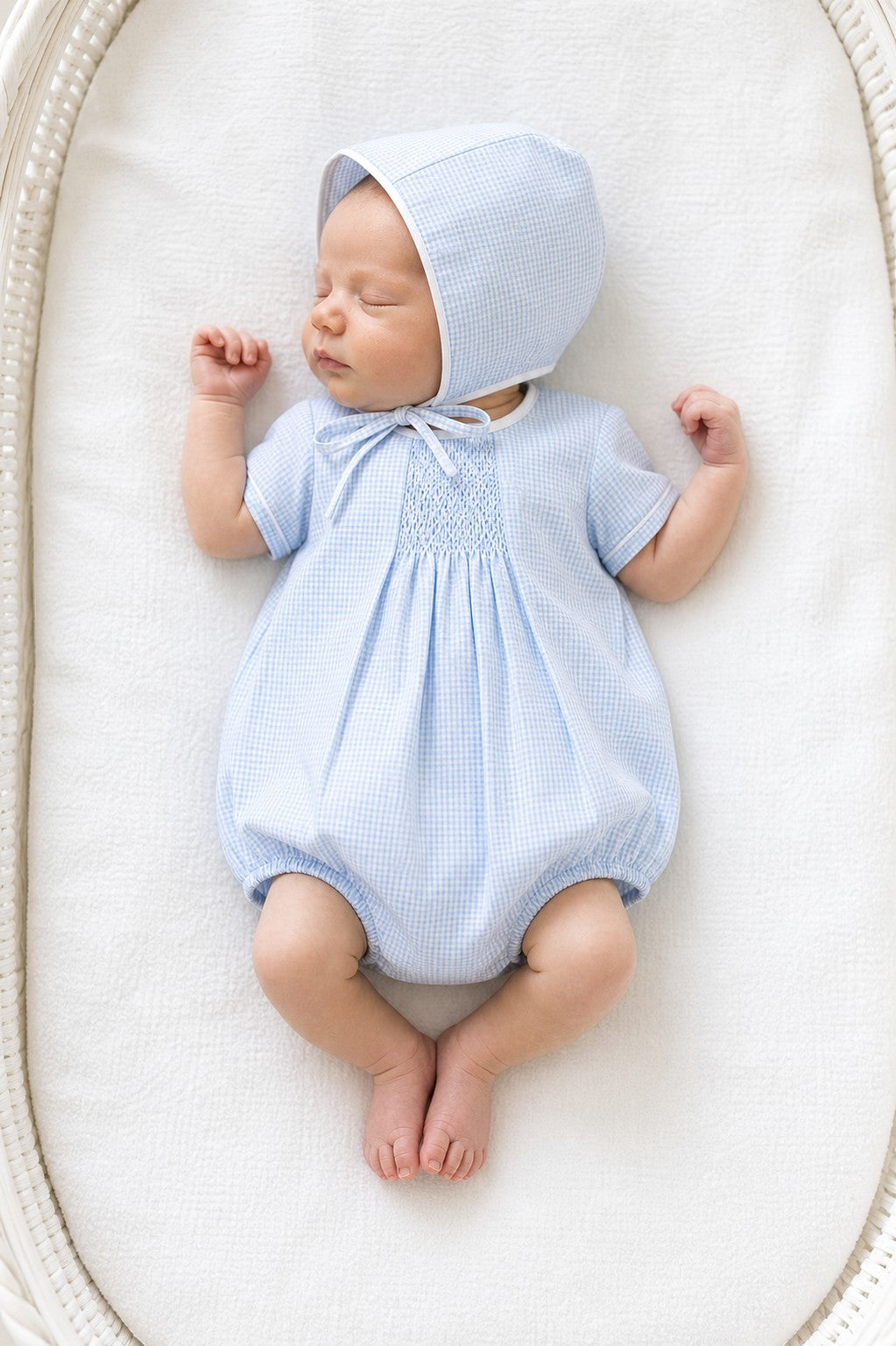 Carriage Boutique light blue gingham smocked bubble and bonnet set with white piping. Baby lying down.