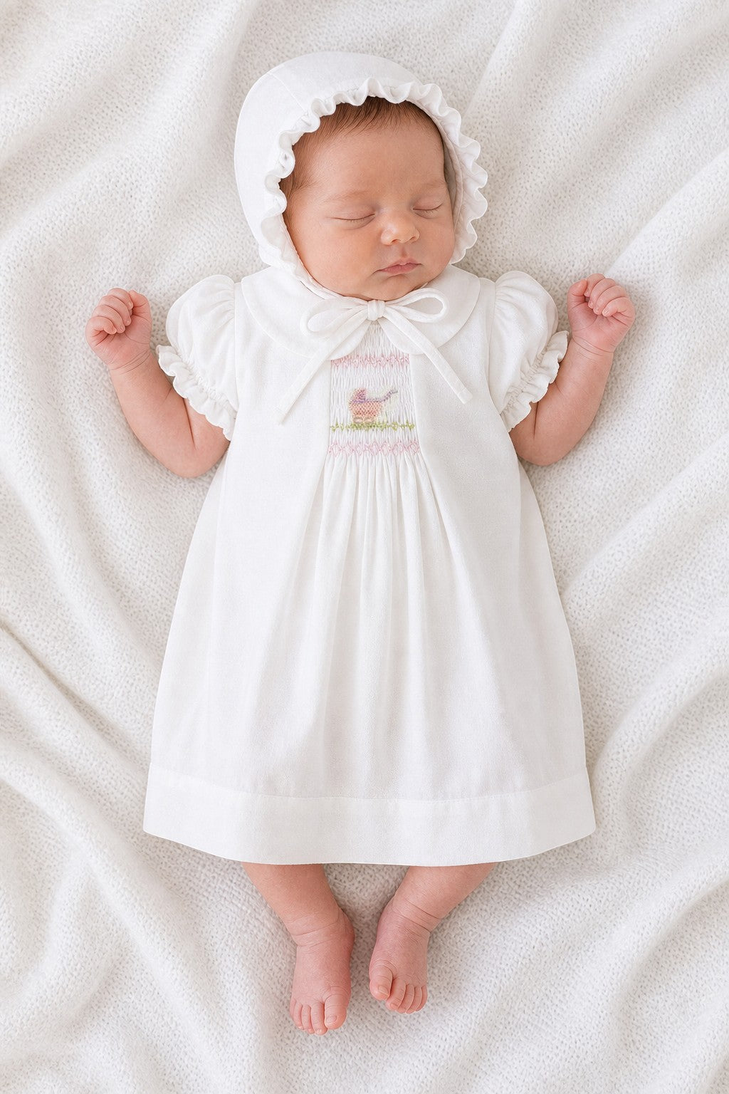 Carriage Boutique white smocked heirloom dress and ruffled bonnet set on a sleeping baby with pram embroidery.