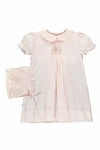 Carriage Boutique pale pink smocked heirloom dress with bird embroidery, Peter Pan collar, and matching ruffled bonnet.