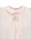 Carriage Boutique pale pink baby dress with hand-smocked bodice, bird embroidery, and classic Peter Pan collar.