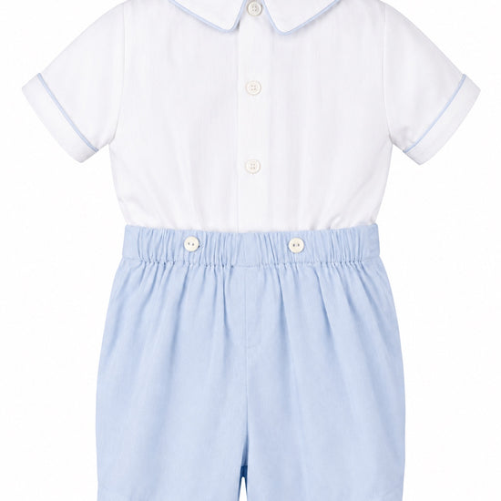 Carriage Boutique white and light blue cotton bobby suit with a Peter Pan collar and button-front closure
