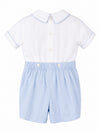 Carriage Boutique white and light blue cotton bobby suit with a Peter Pan collar and button-front closure
