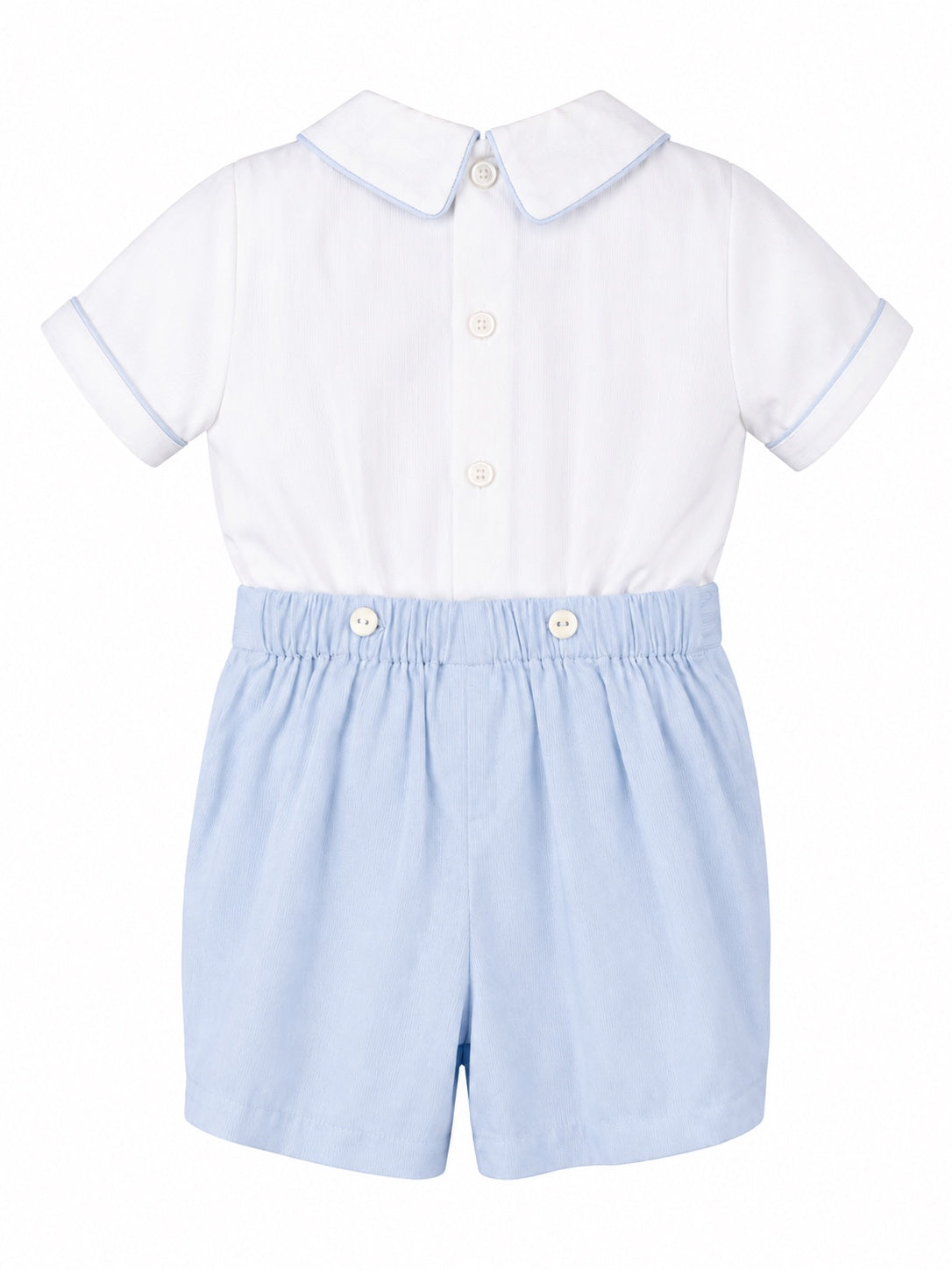 Carriage Boutique white and light blue cotton bobby suit with a Peter Pan collar and button-front closure