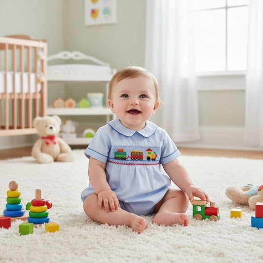Carriage Boutique light blue smocked bubble romper with train motif and Peter Pan collar