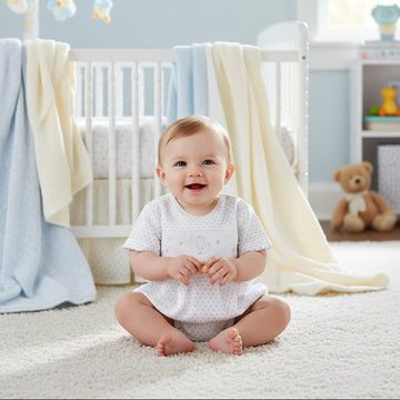 Carriage Boutique Star Boy Bubble outfit, white cotton with grey stars and celestial embroidery. Baby sitting on floor.