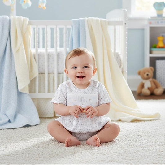 Carriage Boutique Star Boy Bubble outfit, white cotton with grey stars and celestial embroidery. Baby sitting on floor.