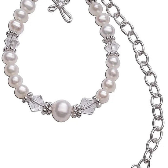 Carriage Boutique sterling silver baby cross bracelet with freshwater pearls and crystals for christening or wedding.