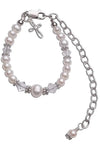 Carriage Boutique sterling silver baby cross bracelet with freshwater pearls and crystals for christening or wedding.