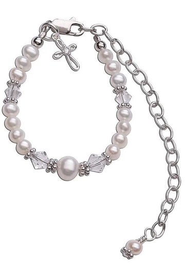 Carriage Boutique sterling silver baby cross bracelet with freshwater pearls and crystals for christening or wedding.