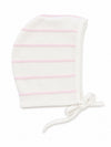Carriage Boutique newborn baby bonnet in creamy white knit with delicate blush pink stripes and tie closure