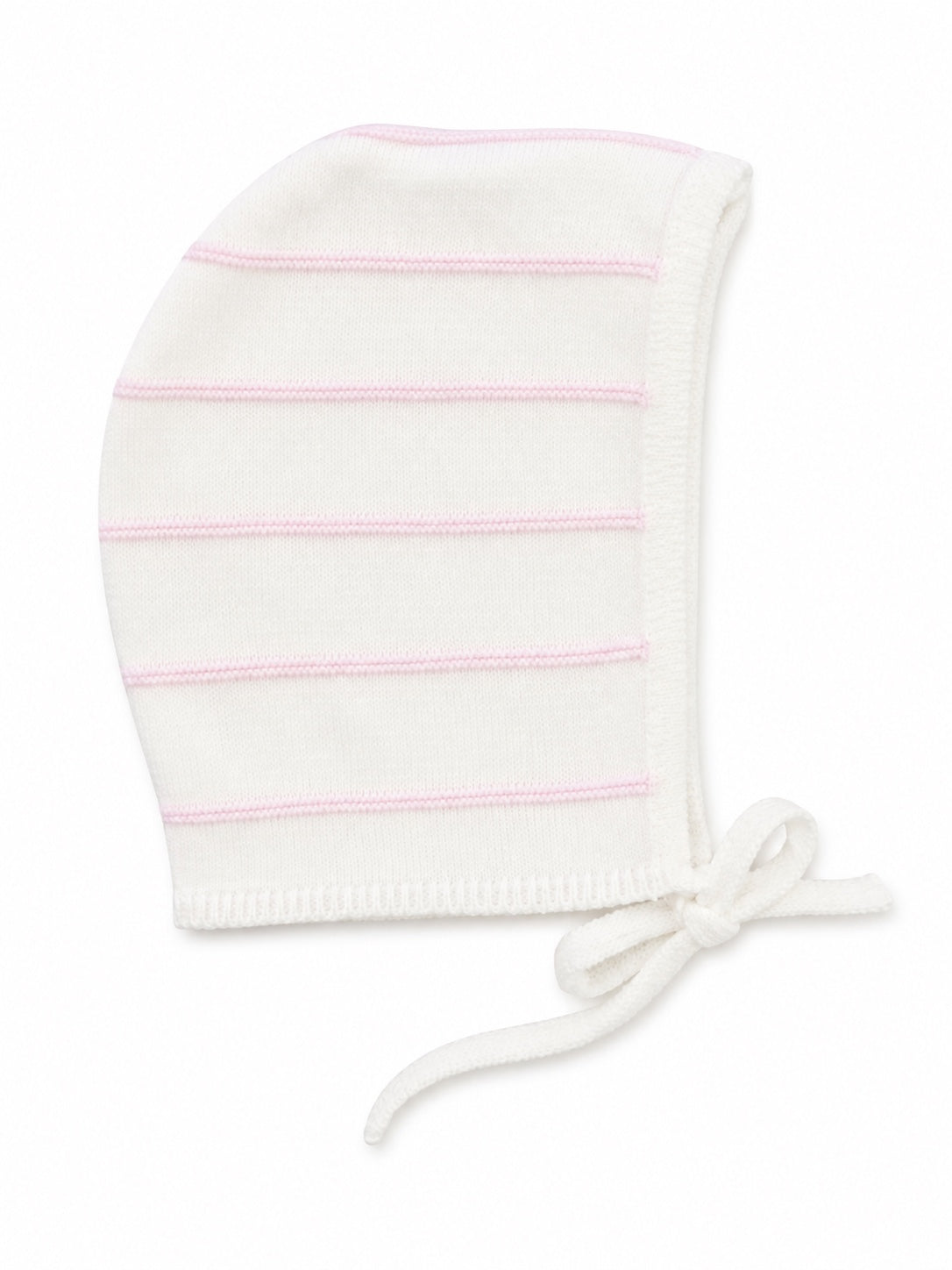 Carriage Boutique newborn baby bonnet in creamy white knit with delicate blush pink stripes and tie closure