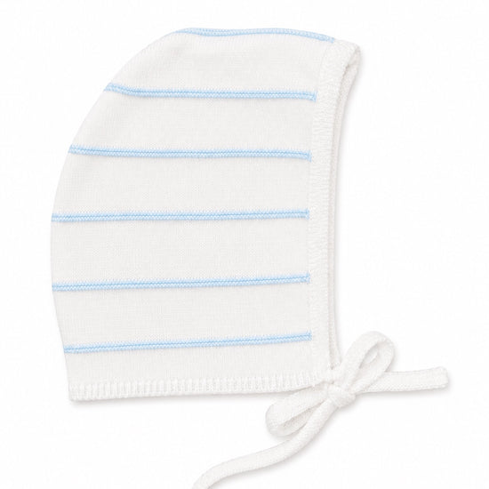 Carriage Boutique newborn baby bonnet in white with soft sky-blue horizontal stripes and tie-up chin strap