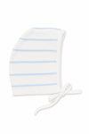 Carriage Boutique newborn baby bonnet in white with soft sky-blue horizontal stripes and tie-up chin strap