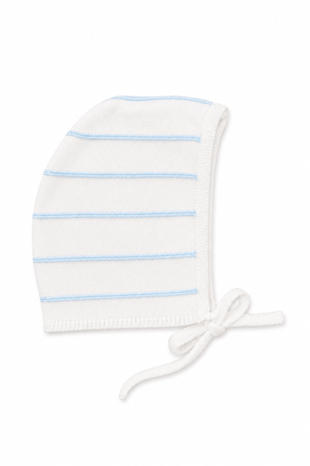 Carriage Boutique newborn baby bonnet in white with soft sky-blue horizontal stripes and tie-up chin strap