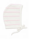 Carriage Boutique baby bonnet in soft white knit cotton with delicate blush pink horizontal stripes and tie closure