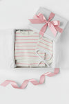 Carriage Boutique 3-piece baby gift set with cream and blush pink striped knit top, leggings, and matching bonnet.