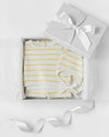 Carriage Boutique 3-piece baby gift set with white and yellow striped knit top, leggings, and matching bonnet in a box.