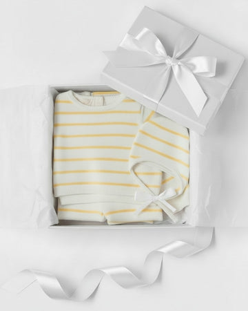 Carriage Boutique 3-piece baby gift set with white and yellow striped knit top, leggings, and matching bonnet in a box.
