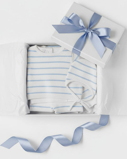Carriage Boutique baby 3-piece set with sky-blue and white striped top, leggings, and hat in a gift box with ribbon.