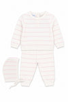 Carriage Boutique 3-piece baby set in cream knit with blush pink stripes, including long-sleeve top, leggings, and hat.