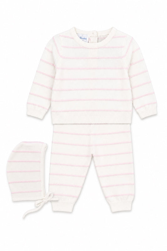 Carriage Boutique 3-piece baby set in cream knit with blush pink stripes, including long-sleeve top, leggings, and hat.
