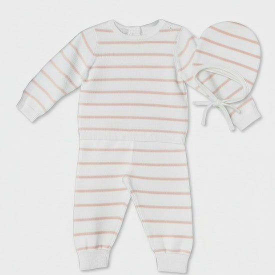 Carriage Boutique 3-piece baby set in white with blush pink stripes, including long-sleeve top, leggings, and hat.