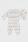Carriage Boutique 3-piece baby set in white with blush pink stripes, including long-sleeve top, leggings, and hat.