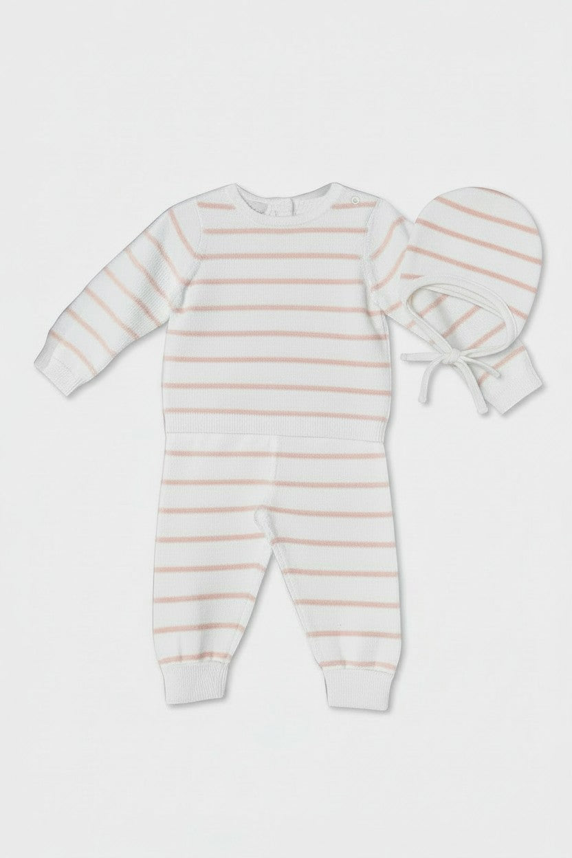Carriage Boutique 3-piece baby set in white with blush pink stripes, including long-sleeve top, leggings, and hat.