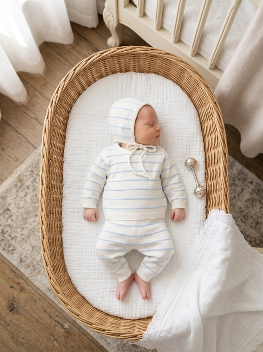 Carriage Boutique baby sleeping in a wicker basket wearing a white and sky-blue striped knit legging set with a hat.
